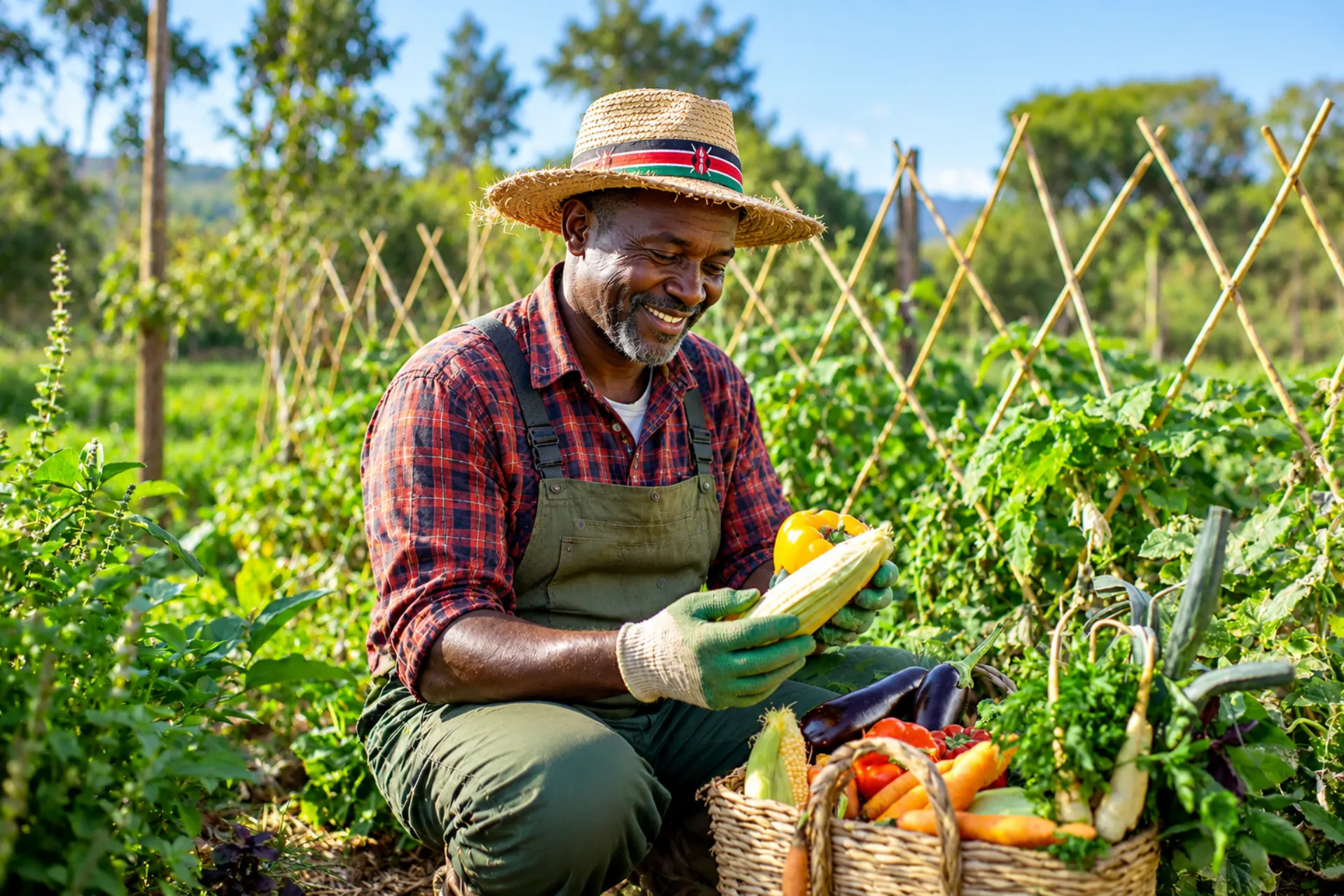 Kenyan farmer harvesting fresh organic vegetables